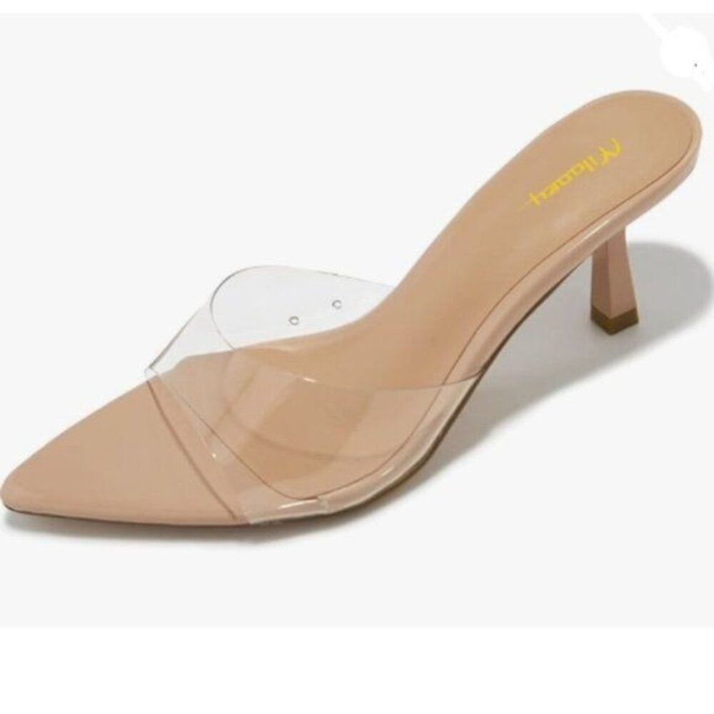 Milooey shoes Women's  Kitten Heel Mules Open Pointed Toe Slide Sandals Nude